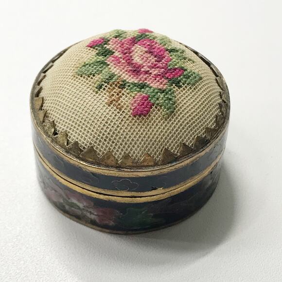 MCM Vintage Cloisonne Petit Point Pill Box, Hexagon Pink  Vintage Miniature Mid Century Petit Point Rose Cloisonne Enamel Ring Pill Box